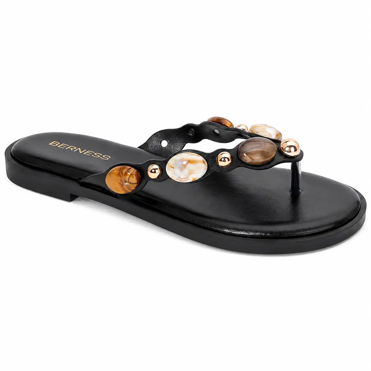 BERNESS Phila Women's Flat Sandals - Elegant Casual Footwear, Embellished Thong Flip Flops with Shell-Look Beads, Gold-Tone Accents, Stylish Slip-On Summer Beach Shoes with Unique Design, Sandals Women, Women's Sandals
