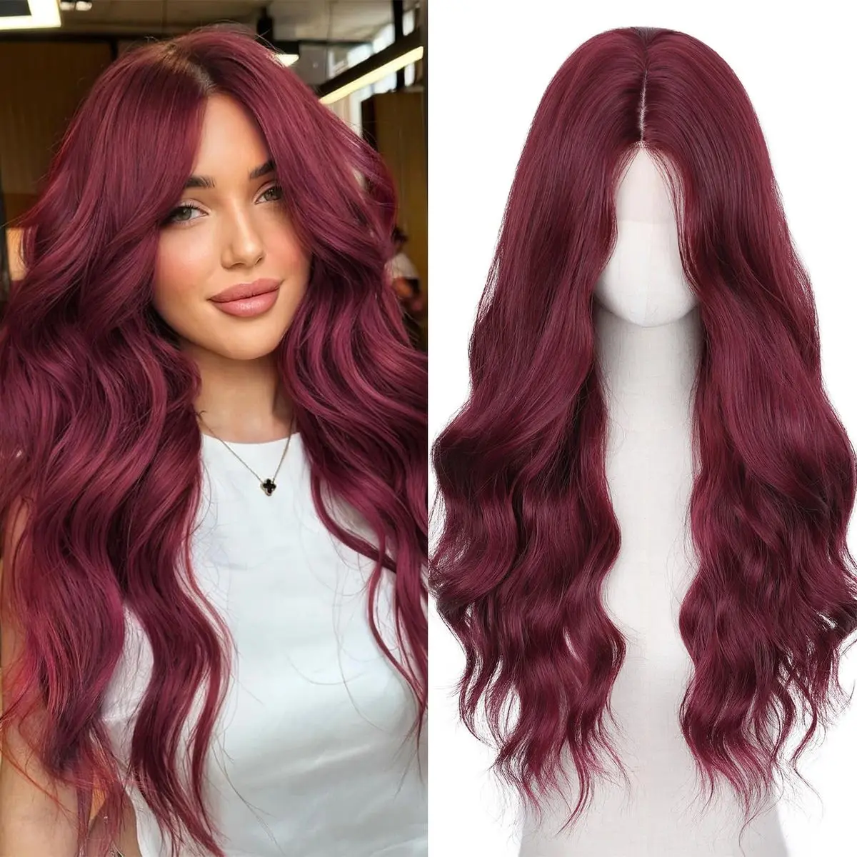 Elegant Long Burgundy Wavy Wigs for Women 26 inch Wine Red Middle Part Synthetic Heat Resistant Fiber Wig for Daily Party Use 350F