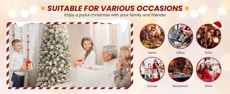 SHareconn 4/5/6/7.5/9 FT Pre-lit Snow Flocked Slim Christmas Tree with Warm White Lights & Dense Snow Flocked Branches, Ideal Pencil Tree Decoration