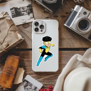 Invincible Hero Vinyl Sticker, Chibi Cute Running Superhero Cartoon Decal, Funny Comic Style Sticker, Laptop Car Decor