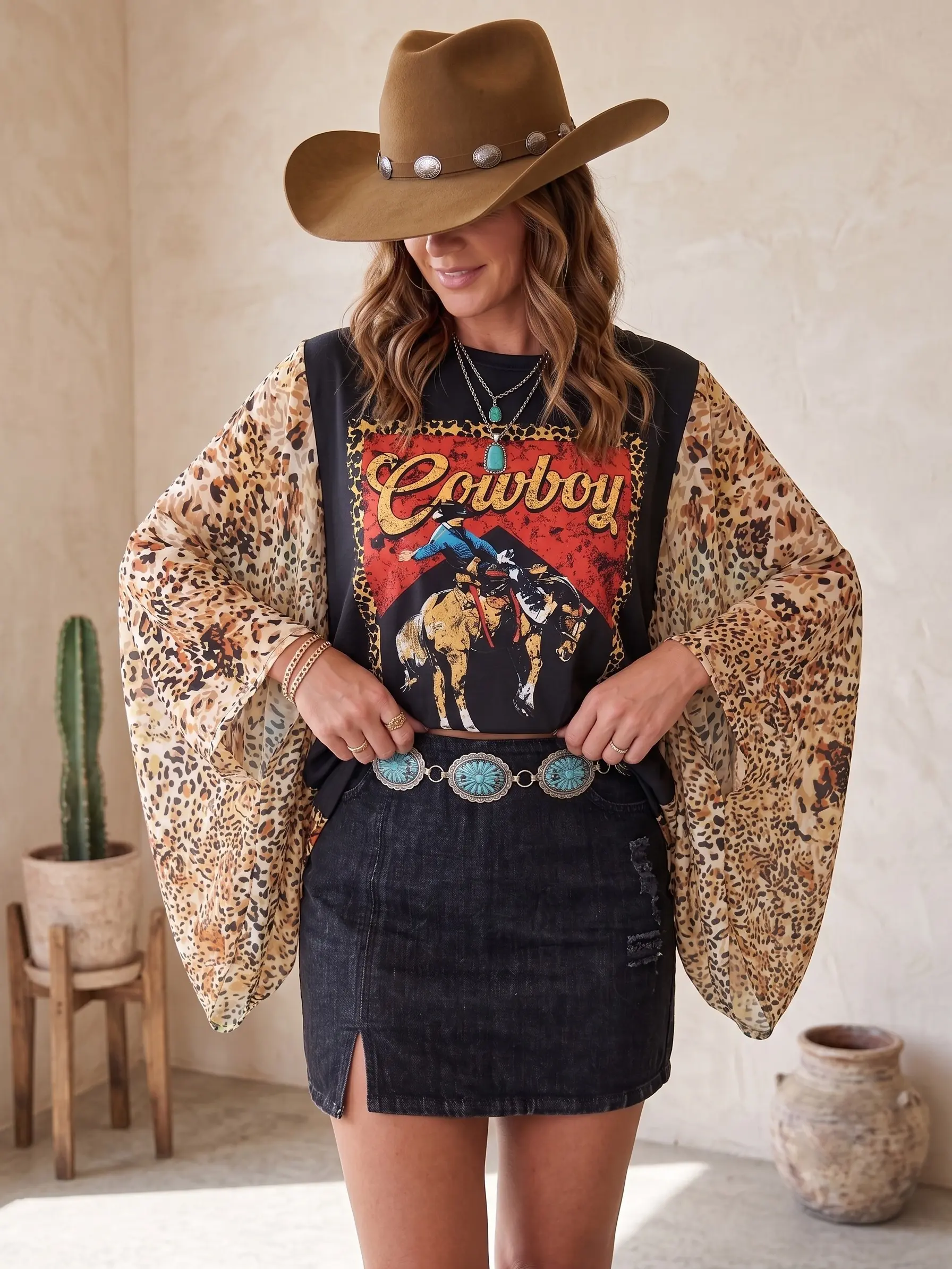 Women's Retro Rodeo Print T-Shirt - Chic Petal, Contrast Leopard Textured Crepe, Flowy Sleeves, Chiffon, Deer Accent, Sporty, Lightweight Loose Blouse for Edgy Country OOTD with Black Belt