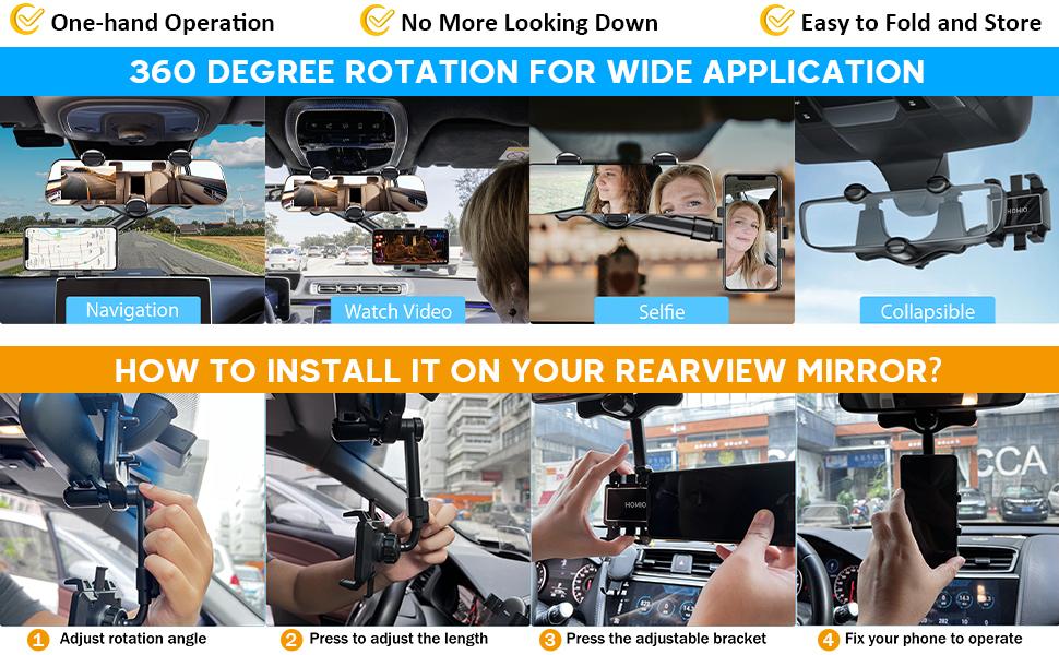 360 Degree Car Phone Holder Rearview Mirror, 2024 Multifunctional Navigation Bracket, 360° Rotatable & Retractable Car Phone Holder,car accessories