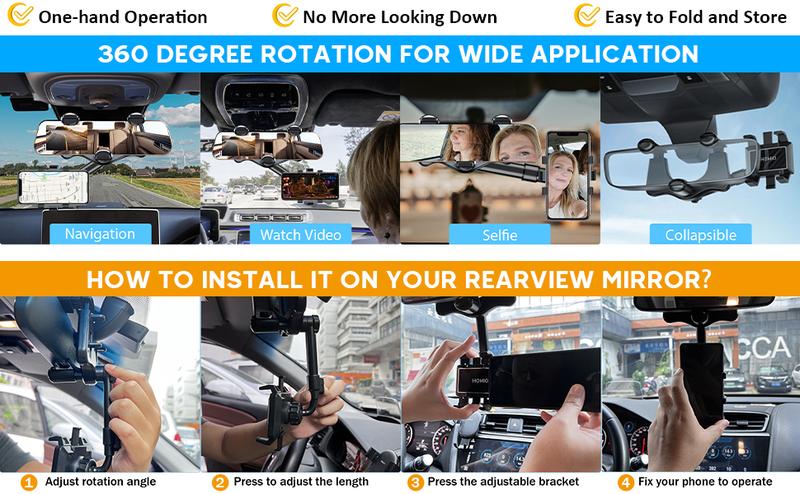 360 Degree Car Phone Holder Rearview Mirror, 2024 Multifunctional Navigation Bracket, 360° Rotatable & Retractable Car Phone Holder,car accessories