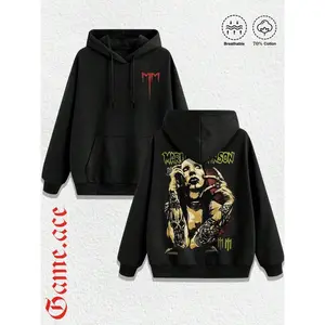 1 PCS Marilyn Manson Artistic Portrait & Band Logo Print, Rock & Retro Distressed Aesthetics, Spring/Fall/Winter Men Women Clothes, Regular Fit Hoodie, Christmas & Halloween & Thanksgiving Day & Valentine's Day & Pride & Father's Day & Easter & Mother's D