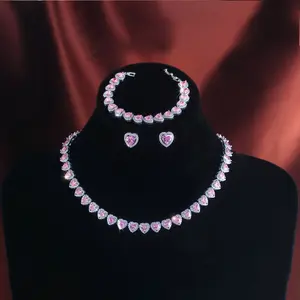 Fashionable Sparkling Pink Zirconia Jewelry Three-Piece Set — Heart Halo-Set Necklace + Stud Earrings + Bracelet — Women’s Bridal Wedding Party Valentine’s Day Unique Romantic Accessories jewels