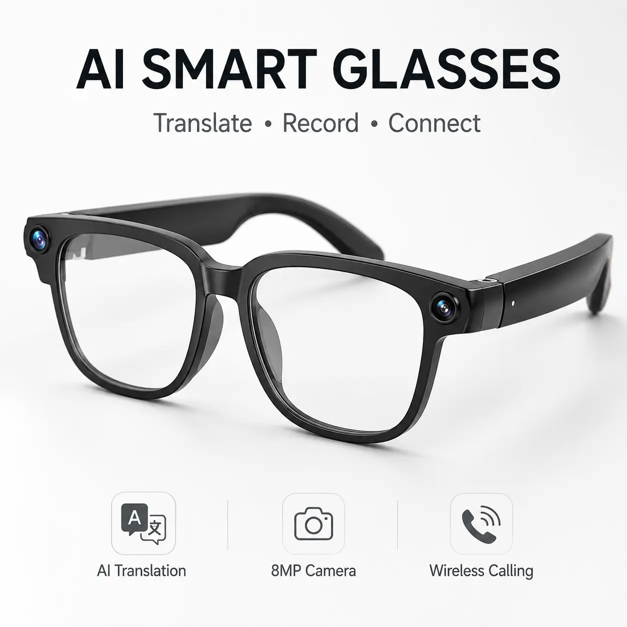 AI Smart Glasses with Translation, 8MP Camera, Real-Time Recording, Wireless Calling and Voice Assistant