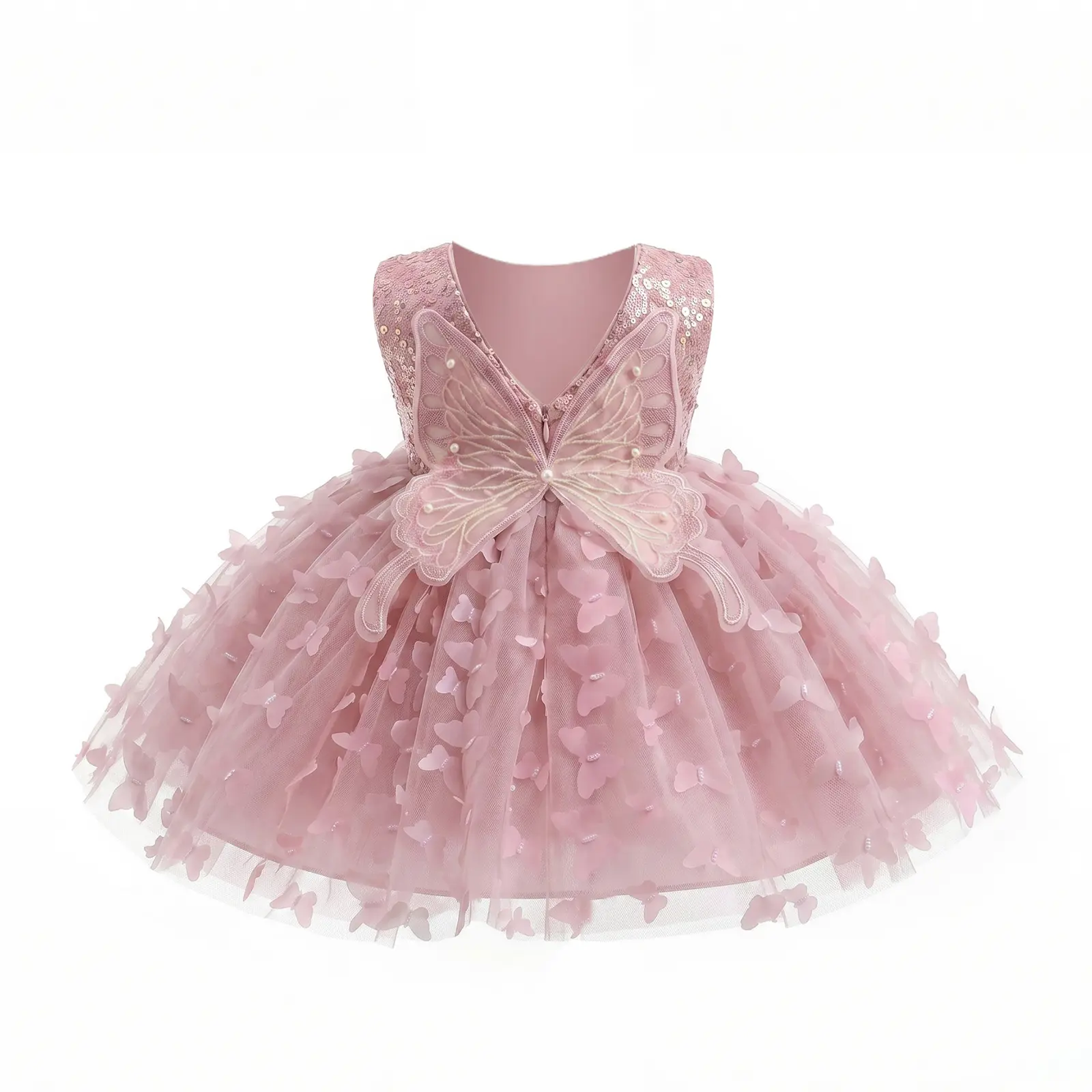 Toddler Girls Fairy Butterfly Princess Dress, Midi Length, Different Front-Back Design, Sparkle Sequin Bodice, 3D Butterfly Mesh Skirt, Red Summer Formal Gown for Birthday Party Flower Girl wedding pink kid clothes