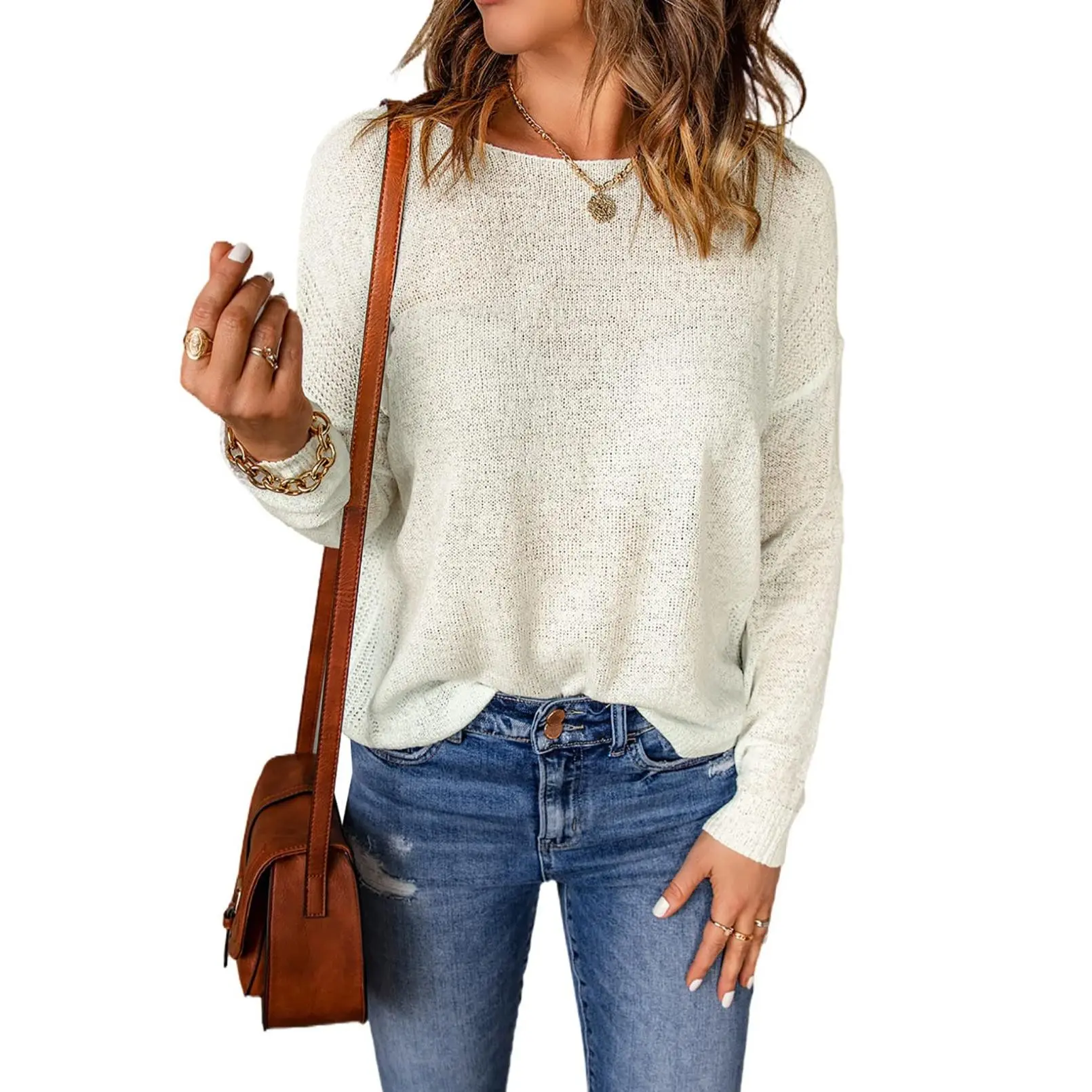 EVALESS Women‘s Crochet Shirts Tops Crewneck Long Sleeve Drop Shoulder Knitwear Lightweight Casual Pullover Blouses 2026 Fall Outfits Womenswear  Deals For You Days summer outfits Soft Fabric
