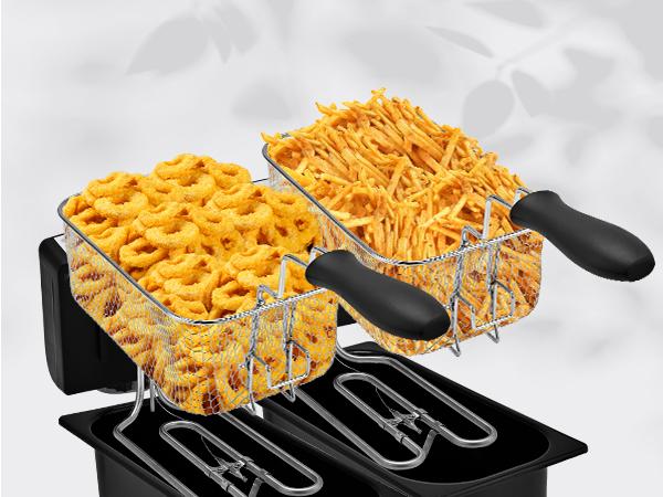 SUSTEAS Double Basket Electric Deep Fryer 1500W Adjustable Temp Fast Heating 6.3QT Capacity Splatter-Free Dishwasher-Safe for Efficient Cooking Kitchen Appliances