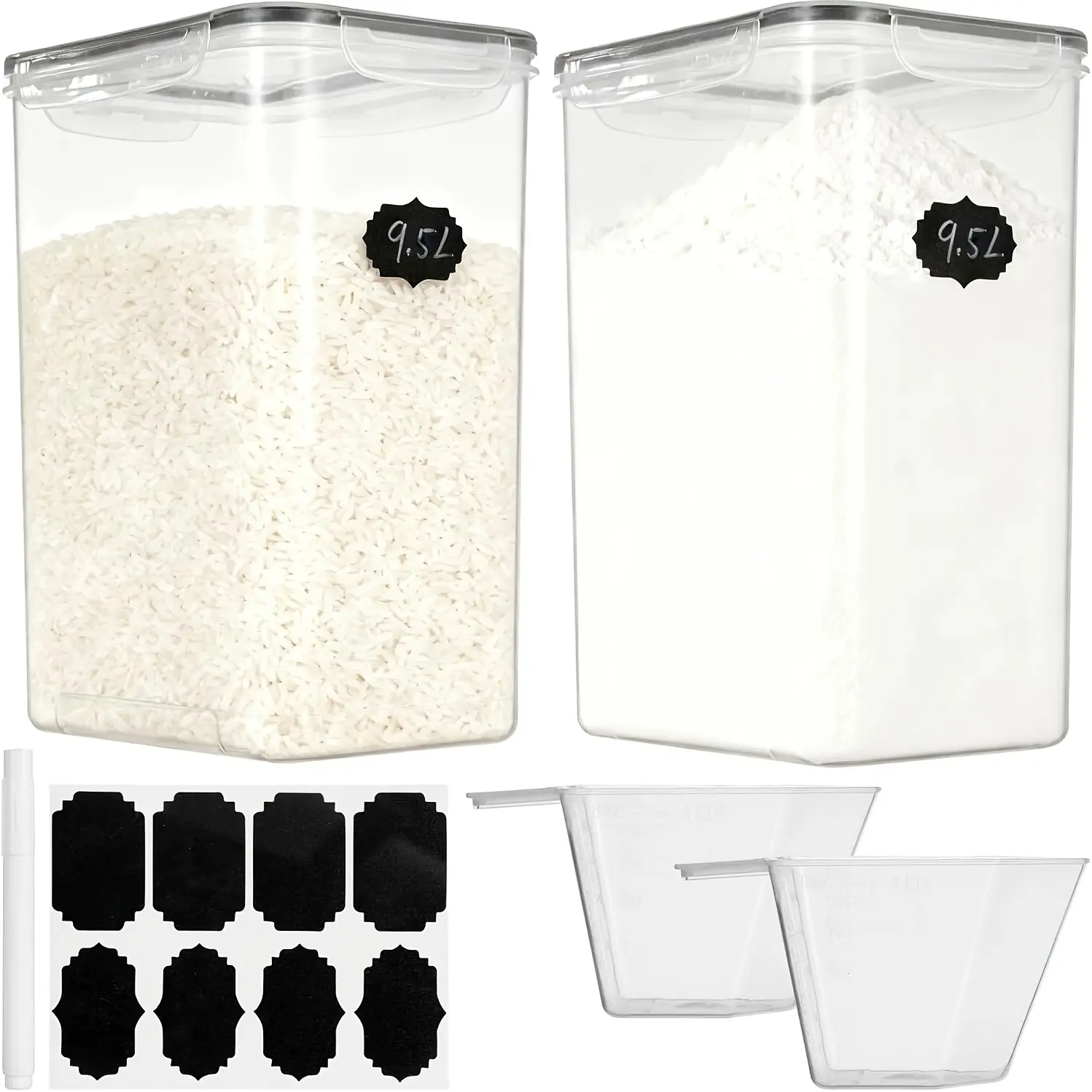 Extra Large Flour and Sugar Storage Containers 9.5L，Set of 2 Plastic Bulk Airtight Food Storage Rice Containers With Lids - Kitchen Pantry Organizer and Storage Canisters, Marker & Labels Clear Plastic Canisters Set, Pantry Organizers and Storage