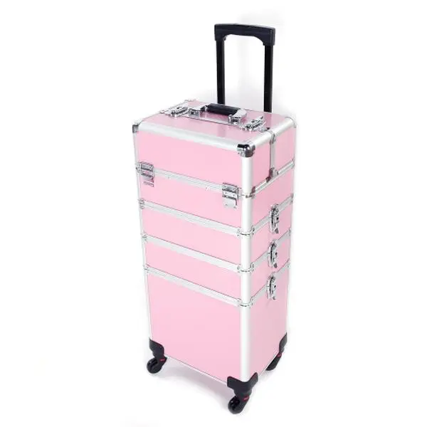 OmySalon 4-in-1 Rolling Makeup Train Case - Aluminum Storage Organizer for Makeup Products, Travel Cosmetic Bag with Lift Handle, 4 Key-Locked Removable Rolling Wheels, Bottom-Stored Top Case for Beauty Pros
