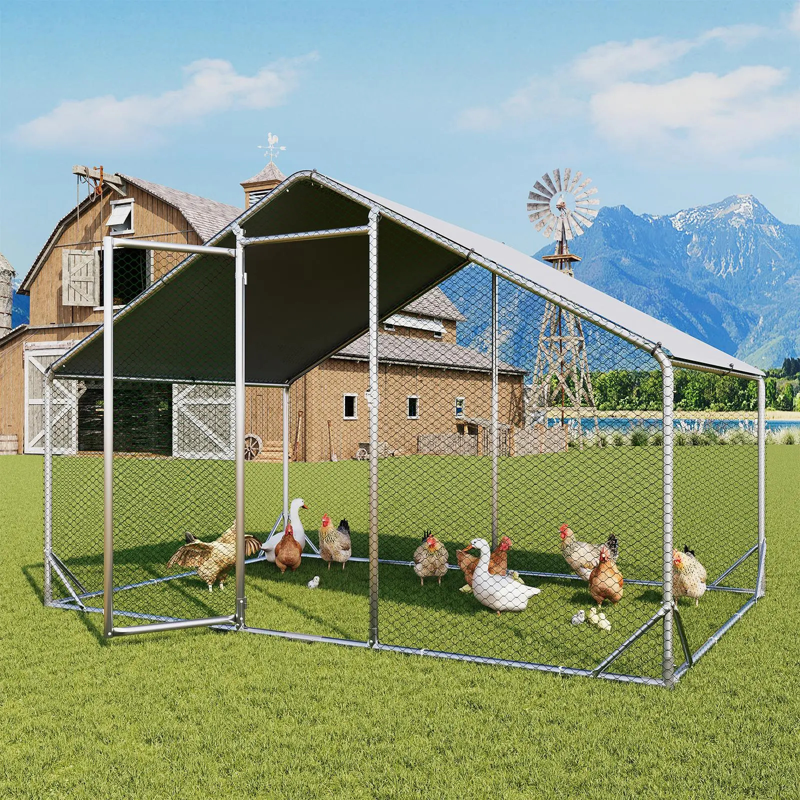 Large Metal Poultry Coop - Enclosed Poultry Hutch with Hexagonal Mesh Cover, Galvanized Steel Build, 420D Oxford Fabric Spire Peak Roof, Security Lock, All-Season Weather Protection for Yard & Farm