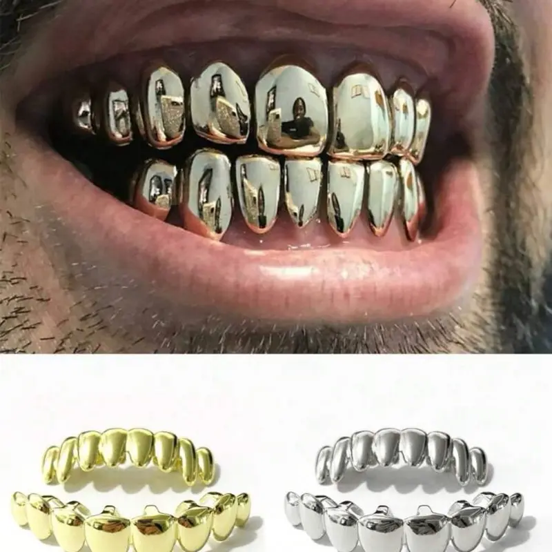 Unisex Smooth Shiny Polished Finish Teeth Grills - Easy to Wear Hip-Hop Costume Jewelry Gold Set (Gold-Tone, Silver Options) for Parties, Photoshoots, Bold Teeth Accessory, Smooth Shiny Grills, Styling, Women, Dental Accessory, Metallic