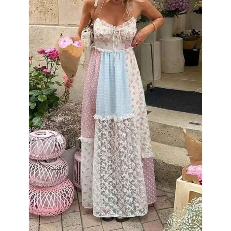 Women's Flowy Dresses Summer Elegant Print Lace Patchwork Long Dress Halter  Backless Sleeveless Dress Cute Maxi - TikTok Shop