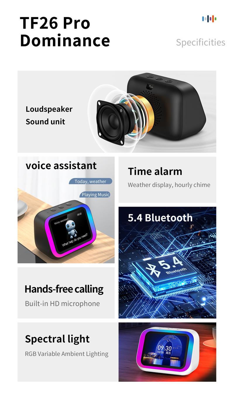 alarm  clock, high aesthetic desktop decoration, Bluetooth audio, multiple atmosphere lighting effects, sedentary health reminders, multiple energy supply displays, weather synchronization, phone synchronization, contact synchronization, smart speak