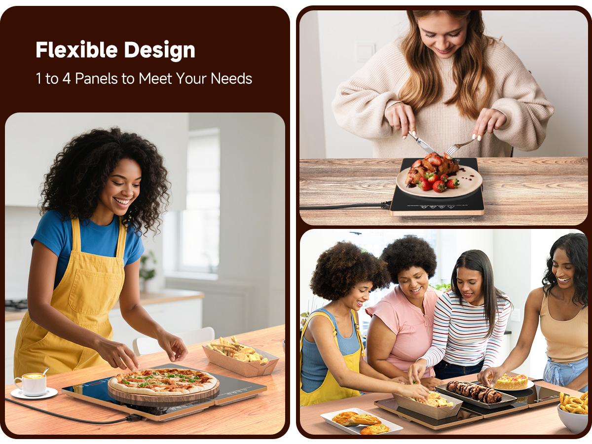 FEPPO Electric Warming Tray, 4-in-1 Food Warmers for Parties Buffet with 10 Temp Settings and Timer, 33"x15" Glass Surface Warming Mat for Food, Modular Buffet Hot Plates for Catering and Gatherings