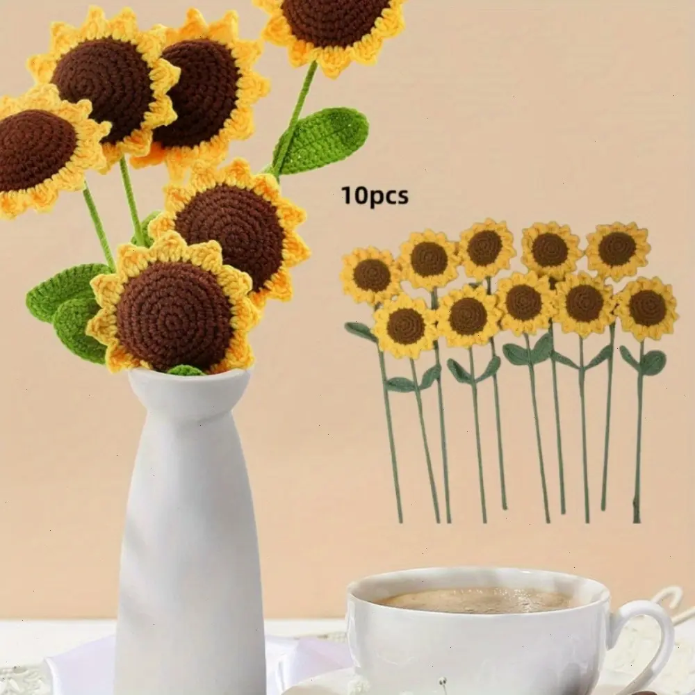 10pcs Hand-Woven Yarn Knit Artificial Sunflower Bouquet - Vibrant Yellow-Brown Spiral Design, Allergy-Safe Ornaments, Novelty Dry Flowers Decor, Meaningful Home Decor Gift
