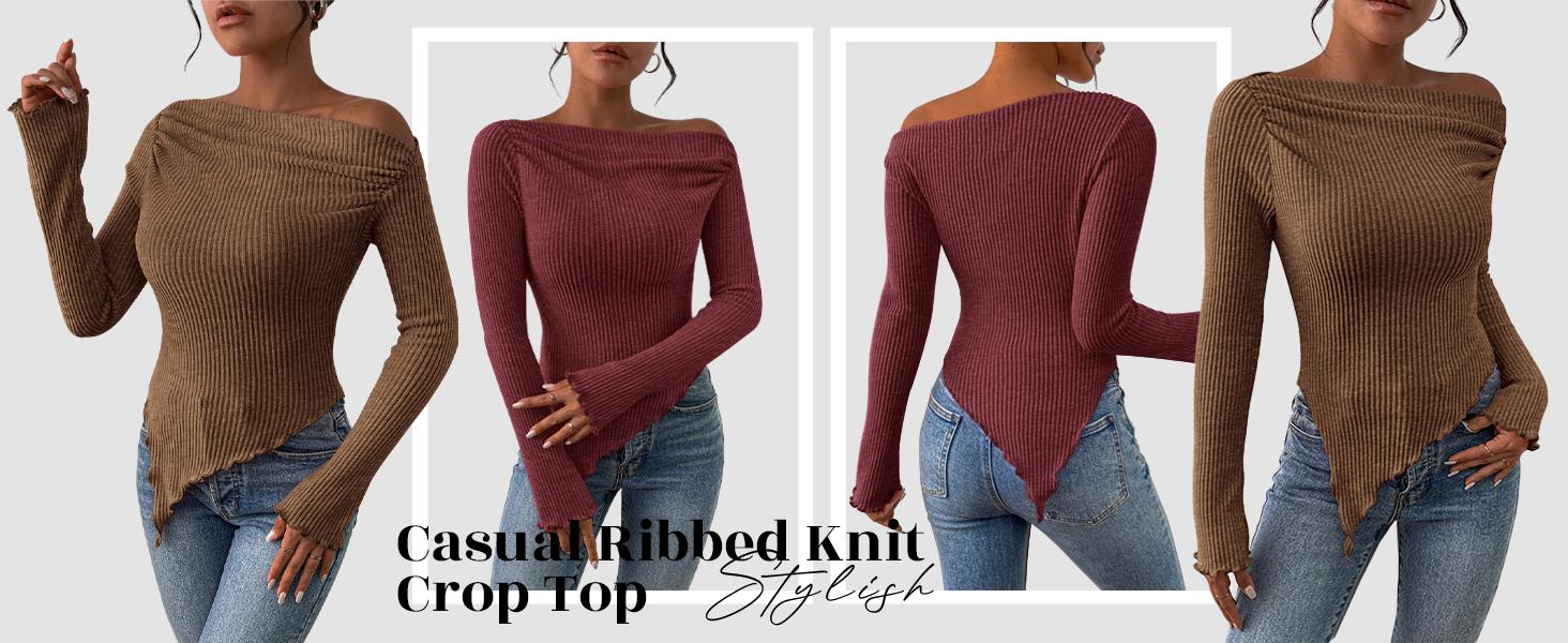 PrettyGarden Women's Long Sleeve Y2K Crop Top Trendy Off Shoulder Asymmetrical Fitted Knit Tee Shirts Going Out Ribbed Tops Womenswear Knitwear Basic Minimalist Minimalist