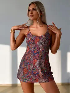Abstract Art Print Mini Slip Dress - Spaghetti Strap & Flowy Fit, Colorful Boho-Inspired Summer Dress, Perfect for Beach Cover-Ups & Casual Outings