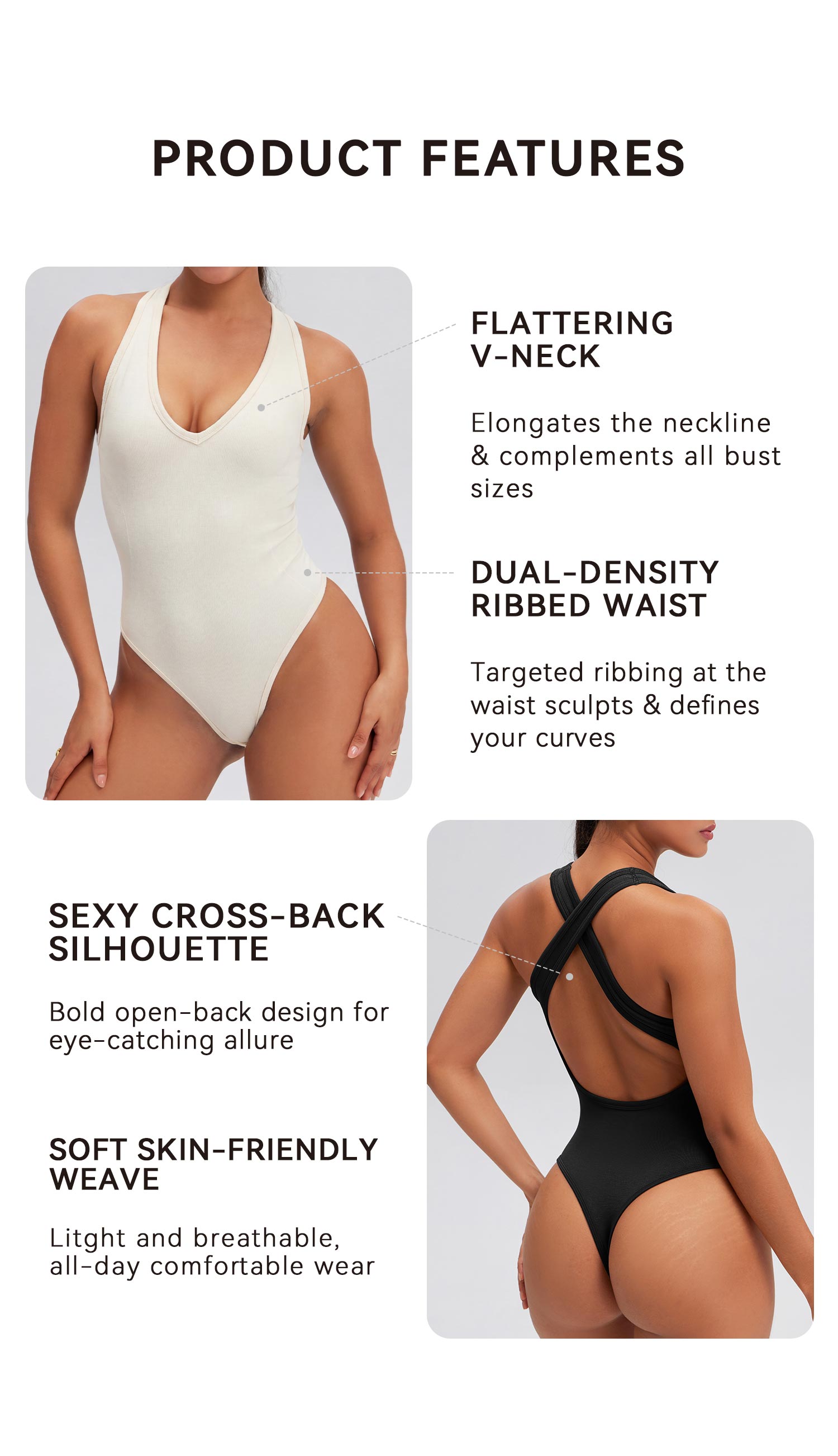 OQQfitness Women Solid Backless Racerback Tank Bodysuit Cross-Strap Sleeveless Top Deep V Neck All Seasons, Cute Tops SpringStatements