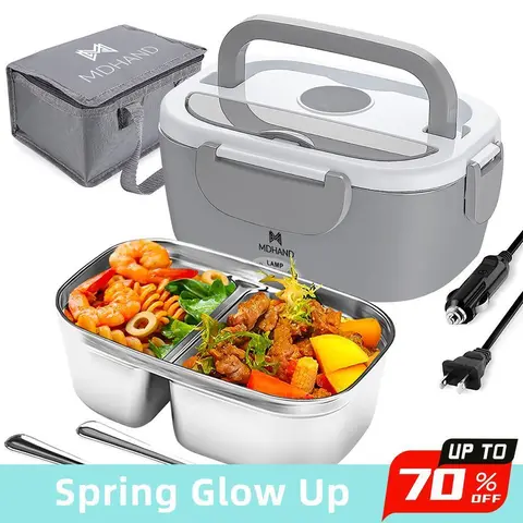 【Black Friday】Heatable Lunchbox - 65W Electric Leakproof Hot Food Container, Self Heating Steel Lunch Box with Aluminum Tray, Plastic Lid, Lunch Bag & Charging Cable, 110V/12V/24V for Work/Car Use