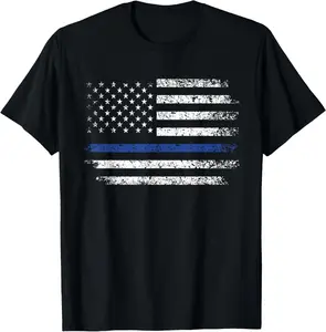 Thin Blue Line American Flag Tee Mens Police Officer Shirt T-Shirt Pure Cotton Graphic Tees Menswear Top: Gifts for Men & Women