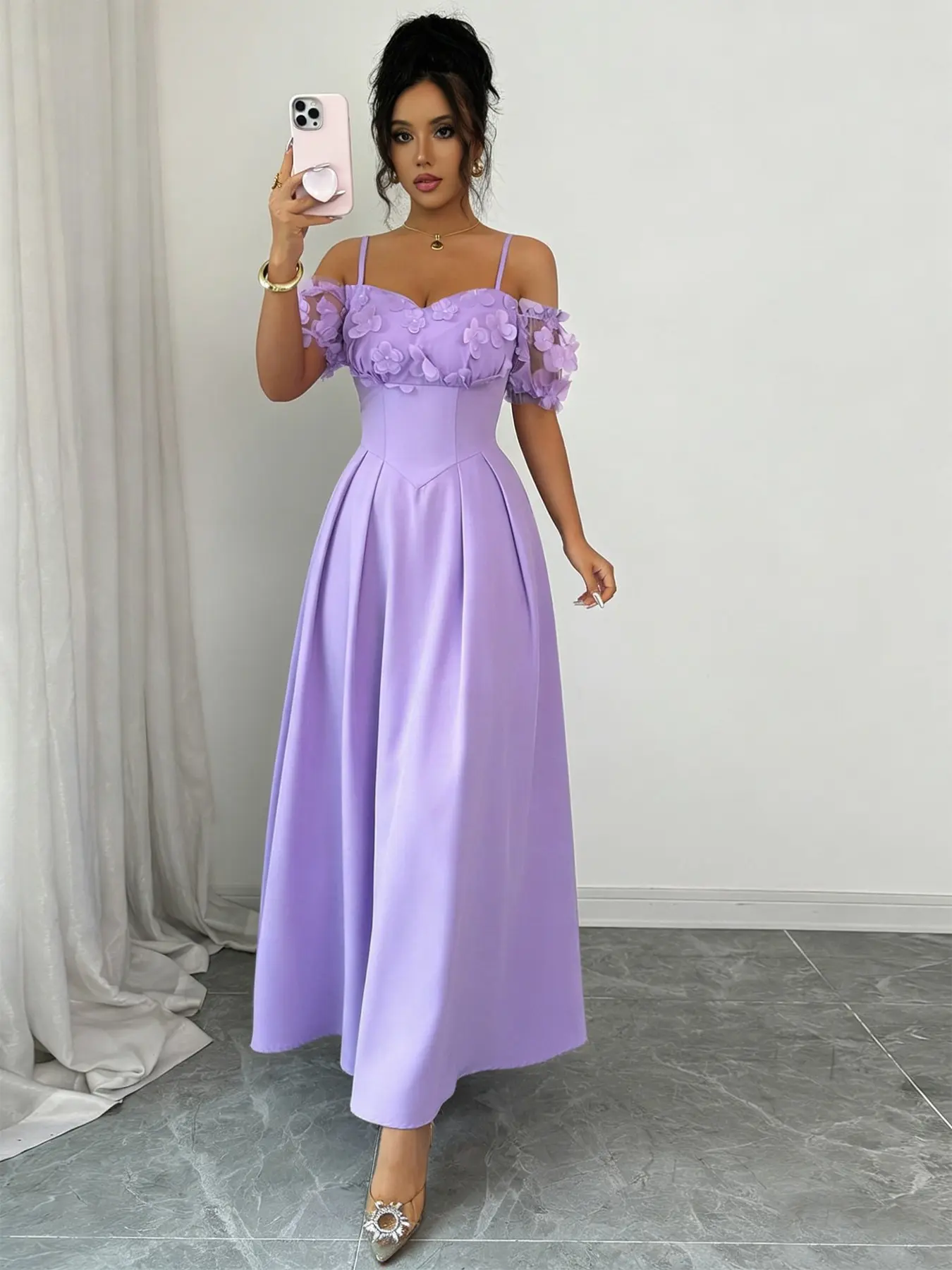 Elegant Feminine Women's Floral Embroidered Maxi Dress, Off-Shoulder Thin Straps High Waist A-Line Gown, Wedding/party/formal Occasion, Formal Dresses Women, Elegance