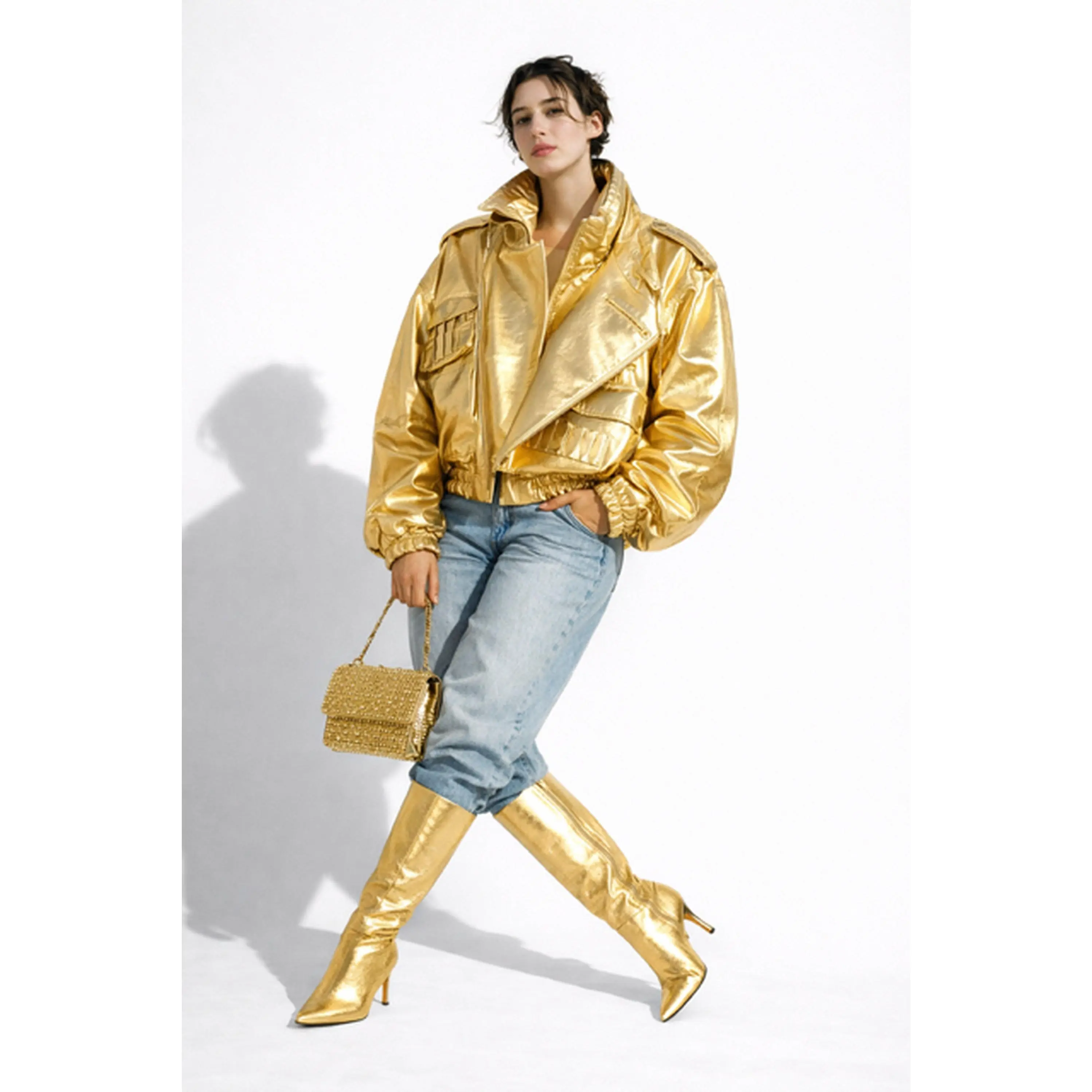 Golden Galaxy Leather Oversized Bomber Jacket