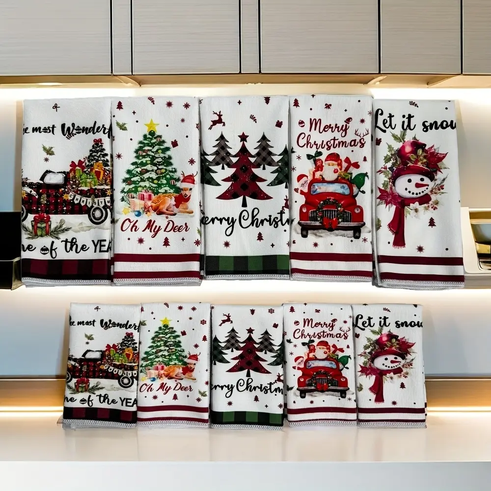 Christmas Decorative Towels - Soft Polyester Fiber Contemporary Towels, Festive Snowflake Reindeer Santa Claus Snowman Floral Designs, 5 or 10-Pack, Hand Wash Only, Ideal for Christmas Kitchen Decor | Home Bathroom Supplies