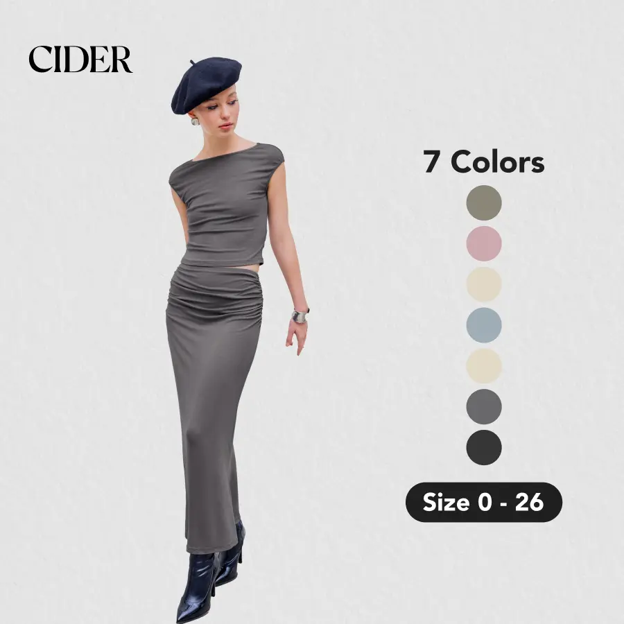 Cider [7 colors, size 0-26] Crop Top & Ruched Bodycon Maxi Skirt 2-Piece Set, High Stretch, Summer Beach Outfit, Baddie Set SohoChic