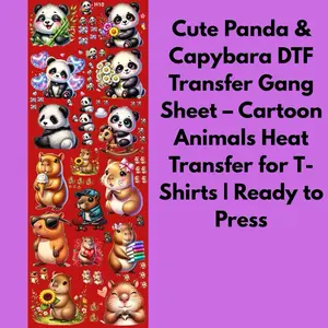 Cute Panda & Capybara DTF Transfer Gang Sheet – Cartoon Animals Heat Transfer for T-Shirts | Ready to Press