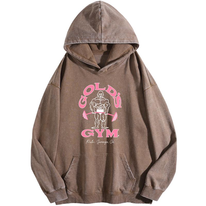Holafish Women's Gold's Gym Print Acid Wash Hoodie Vintage 2026 Oversized Loose Fit Winter Warm Streetwear Casual Tunic Graphic Long Sleeve Sweatshirt