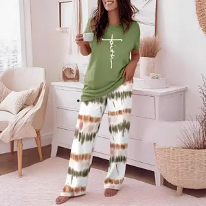 Crew-neck Short-sleeve Casual Striped Print Wide-leg Pants Two-piece Trouser Set