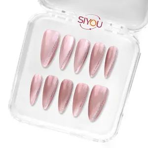 Siyou Shooting Star Sky Press On Nails Long Almond Pink Accent Chrome Reusable
