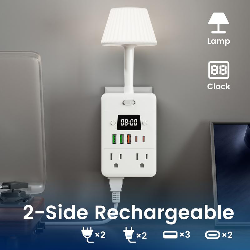 11-in-1 Multifunctional Power Strip with Desk Lamp & Digital Clock, Travel-Friendly Wall Outlet Extender with 4 AC Outlets, 3 USB & 2 USB-C Ports, One-Touch Switch, Overload Protection – Bedside Power Socket for Home, Dorm, Office