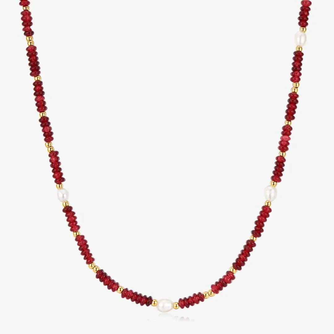 Red Garnet Beads + Pearls Necklace
