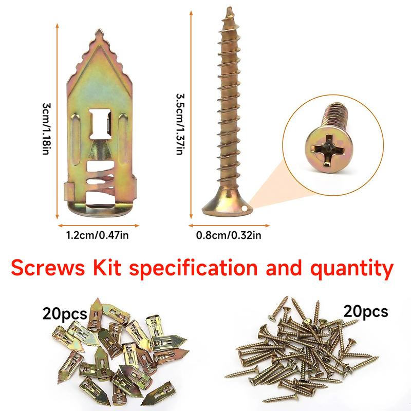 DABATR 20PCS Self-Drilling Drywall Anchors Kit No Drill Needed Easy Hang for Home & Office Includes 20 Anchors 20 Screws for Quick Install Adjustable Hooks & Bracket