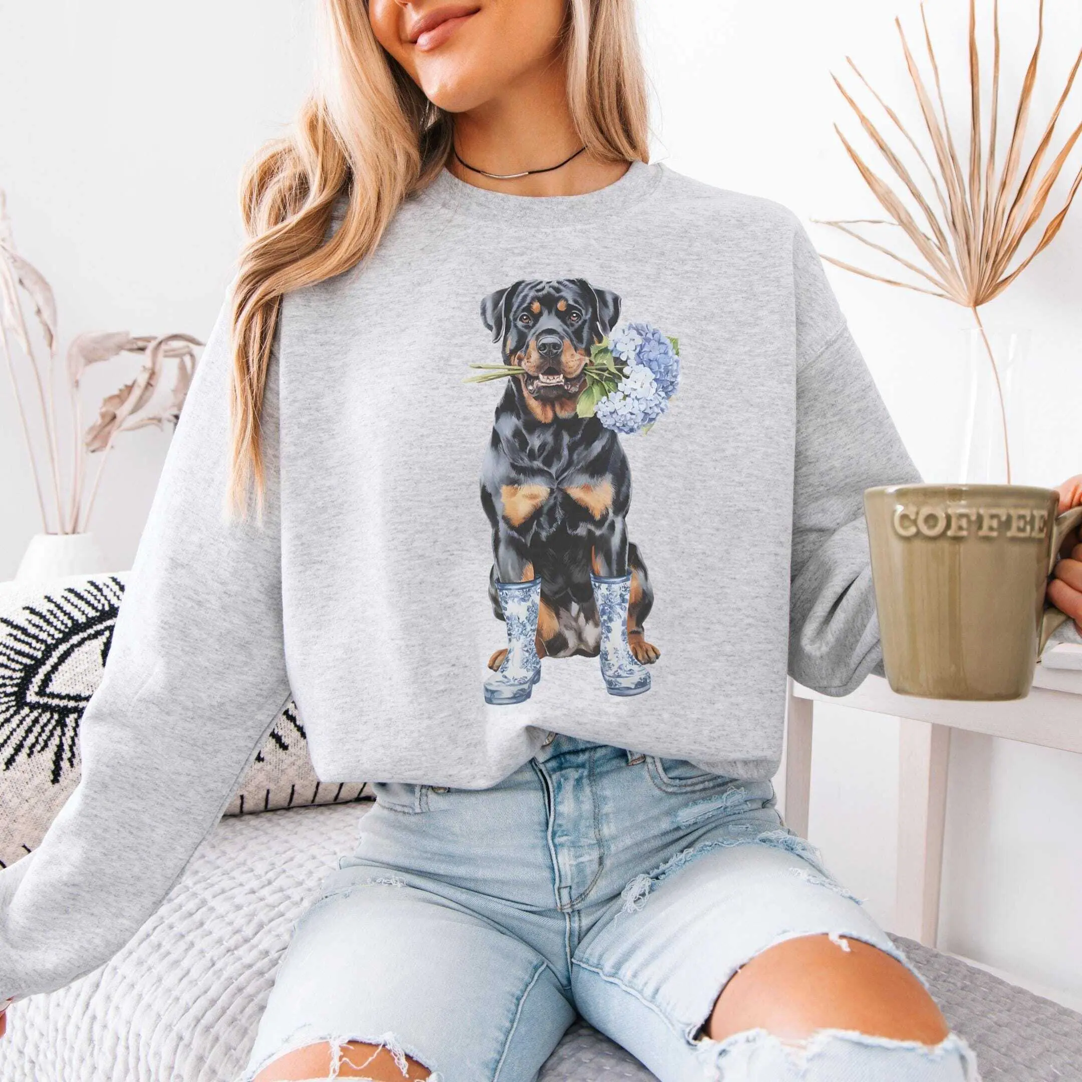 Floral Rottweiler T-Shirt / Sweatshirt / Hoodie , Rottie Toile shirt, Chinoiserie Rottweiler Lover Gift, Coquette Rottie Teacher , Dog Mom Mothers Day Cotton Fabric