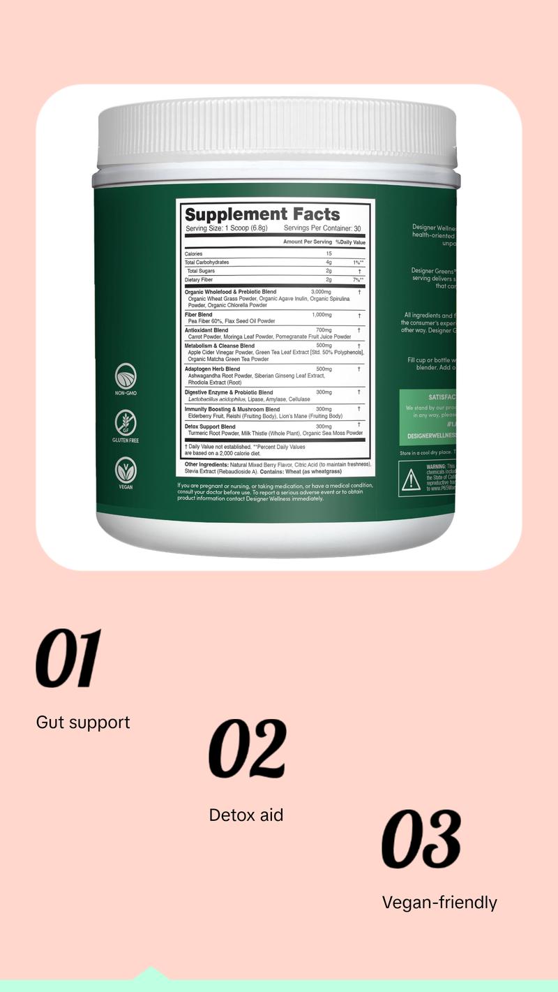 Designer Wellness, Designer Greens Superfood Powder with Prebiotics, Probiotics, Antioxidants, and Detox Support, 30 Servings Designer Wellness, Designer Greens Superfood Powder with Prebiotics, Probiotics, Antioxidants, and Detox Support, 30 Servings