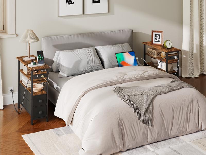 HOOBRO End Table with Charging Station, (Set of 2) Narrow Side Table with Fabric Drawers, Slim Nightstand with Storage, Thin Bedside Table, Compact Sofa Table for Living Room, Bedroom, Small Spaces, Rustic Brown and Black