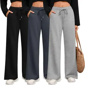 3 Pack Women Wide Leg Sweatpants Drawstring Straight Pants Elastic Waist Joggers Open Bottom Sweatpants with Pockets
