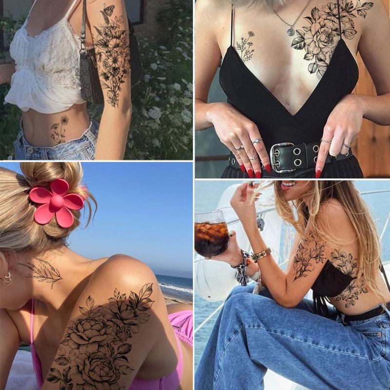 23 Sheets Flower Temporary Tattoos For Women - Waterproof Realistic Rose Orchid Tattoos Tiny Branch Sketch Fake Tattoos for Women Body Art Arm Neck Hands