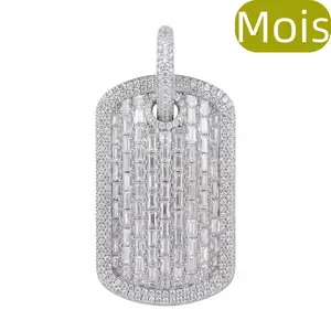 ②⑧SPACEICE GRA Certified Moissan Dog Tag Pendant Necklace - Solid metal Base Baguette & Round Cut Iced Out Tennis Chain Hip Hop Jewelry for Men