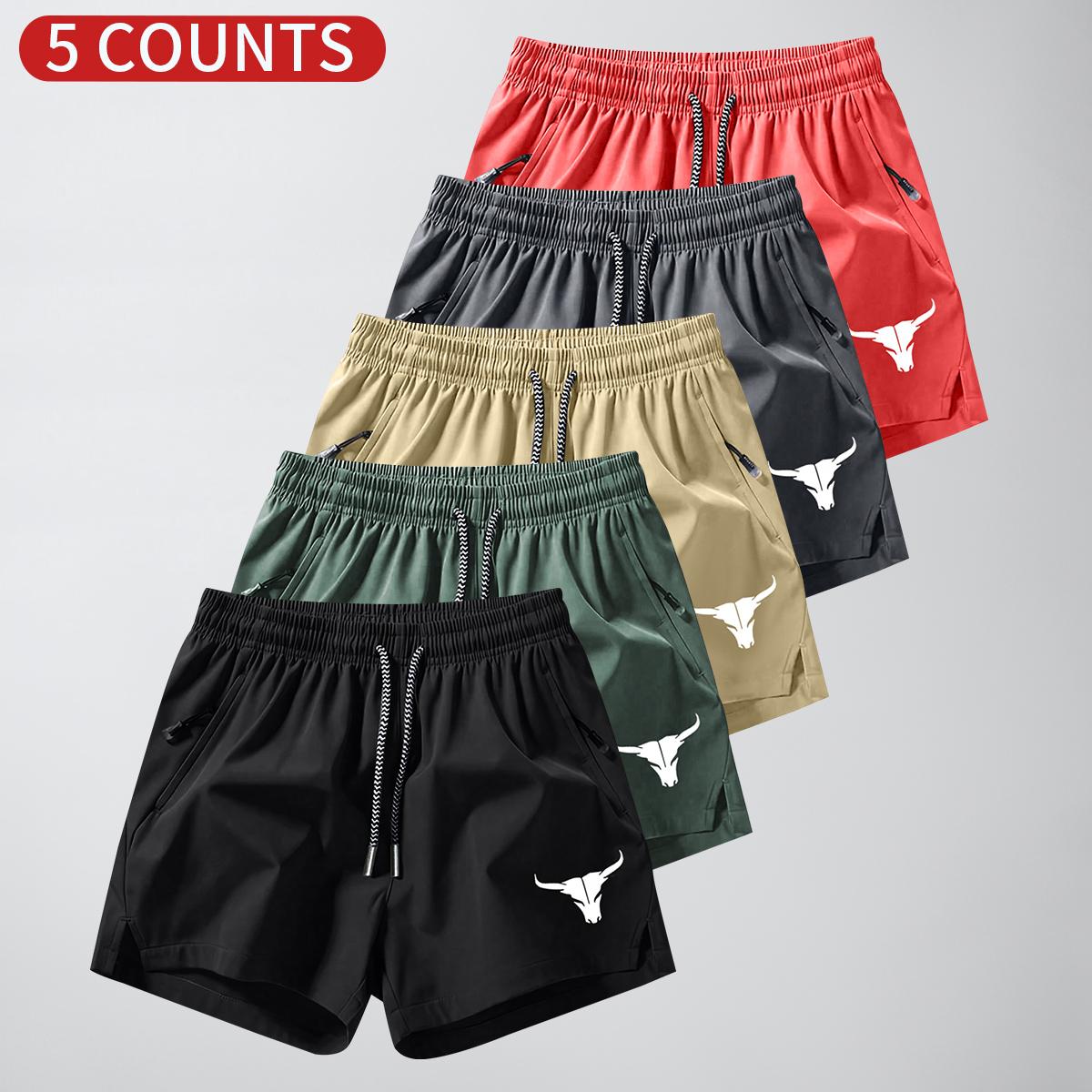Men's 5-Pack Bull Print Plain Tie Pocket Shorts; Men's Clothing; Athletic Casual Stretch Waist Pocket Shorts; Breathable Summer Men's Everyday Sports Pants SpringStatements