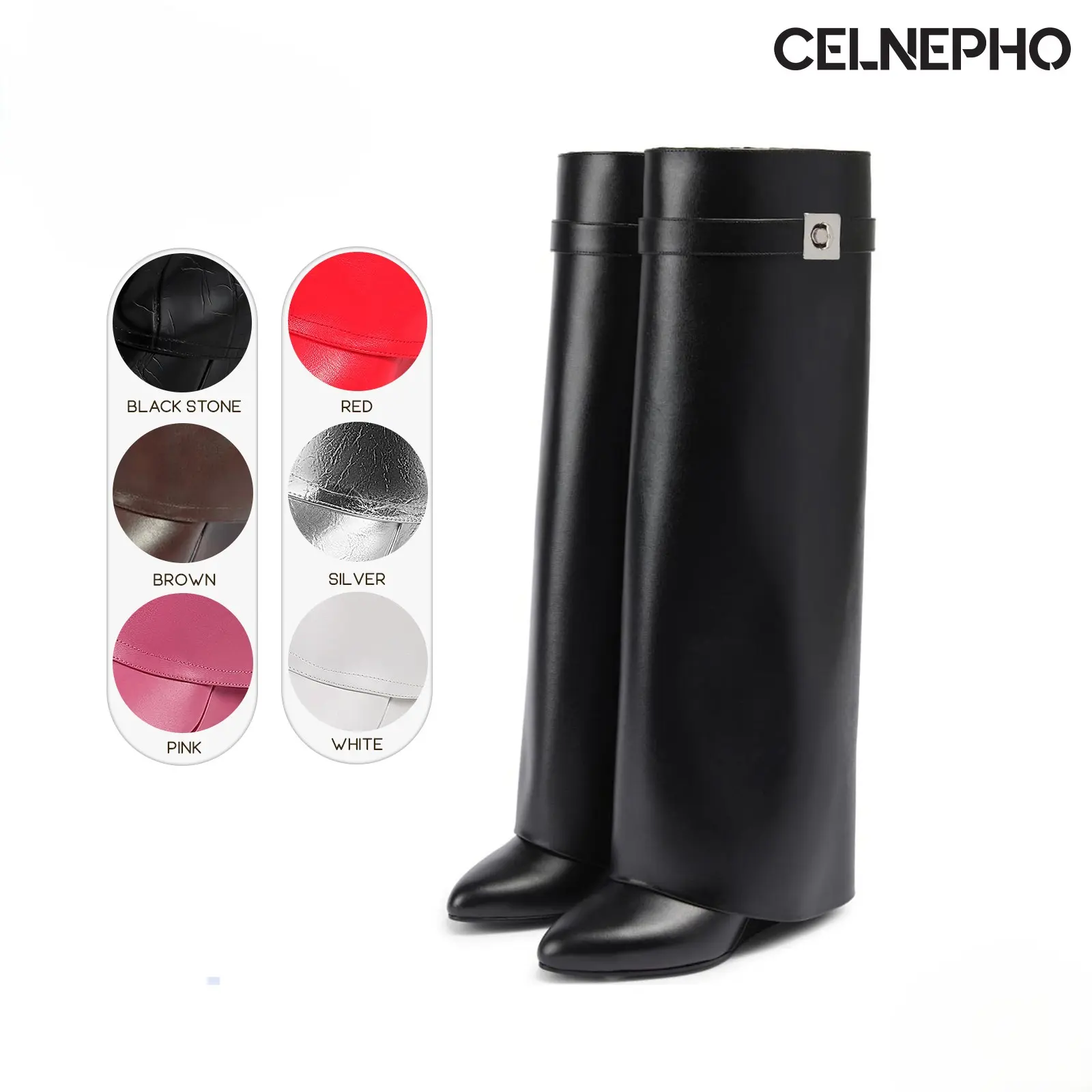 CELNEPHO Fold Over Boots for Women Knee High Boot Pointed Toe Covered Wedge Heel Wide Calf Comfy Easy Pull on Party Date Gift Outdoor Travelling Events Work Casual Fall Fashion Trendy Dress Shark Shoes