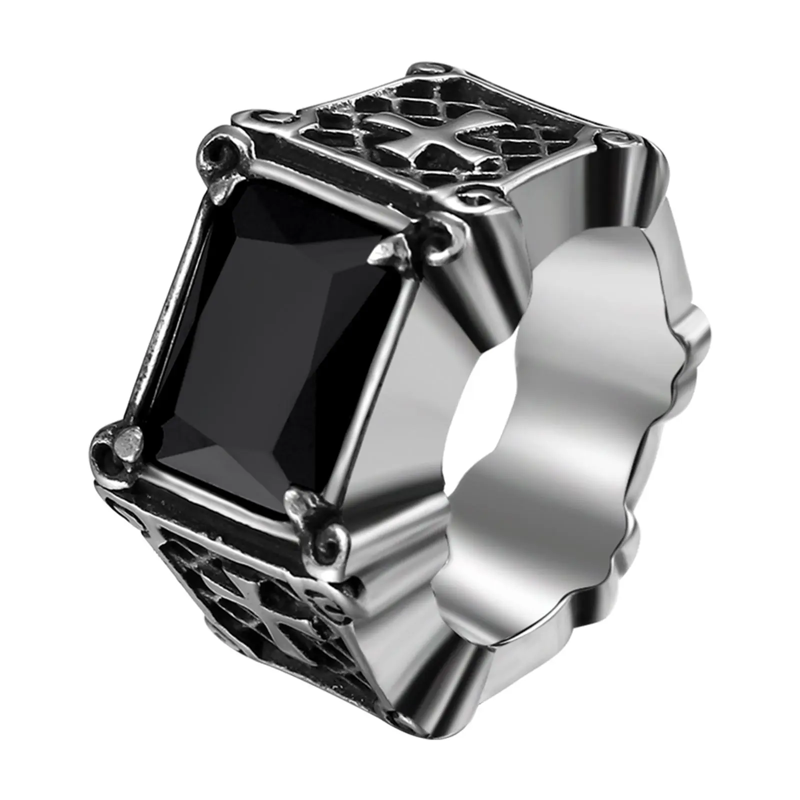 OIDEA Men's Cross Ornate Ring - Anti-Rust Stainless Steel Dark Gothic Gunmetal Ring with Black Onyx Style Black Glass Stone, Black Onyx Rings, Anti-Rust Steel Rings