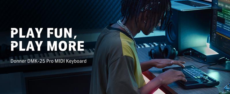 Donner DMK25 Pro MIDI Keyboard Controller, 25 Mini Key Portable USB-C MIDI Keyboard with 8 Drum Pads, OLED Display, Personalized Touch Bar, Music Production Software and 40 Free Courses