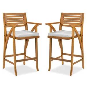 Best Choice Products Set of 2 Outdoor Acacia Wood Bar Stools Bar Chairs w/ Weather-Resistant Cushions