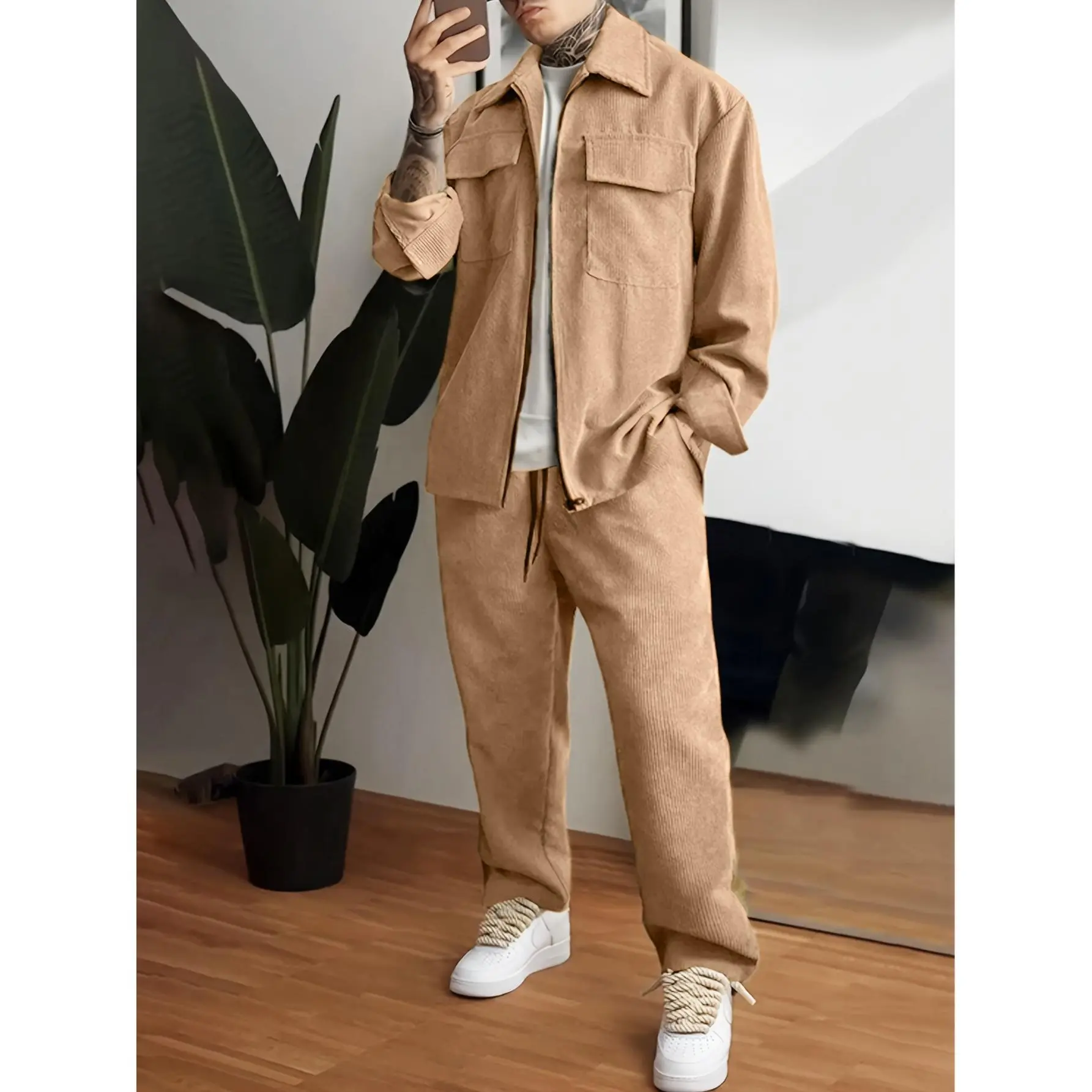 Men's 2-Piece Polyester Woven Tracksuit Set, Casual Solid Color Outfit with Lapel Zip-Up Jacket & Drawstring Pants, Machine Washable, Standard Sizes, Black (for Hiking, Outdoor Sport)