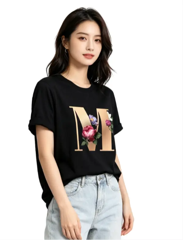 Women's Alphabet Graphic Letter Print Short-Sleeve Round Neck Black Loose Casual Harajuku Summer Couple T-Shirt